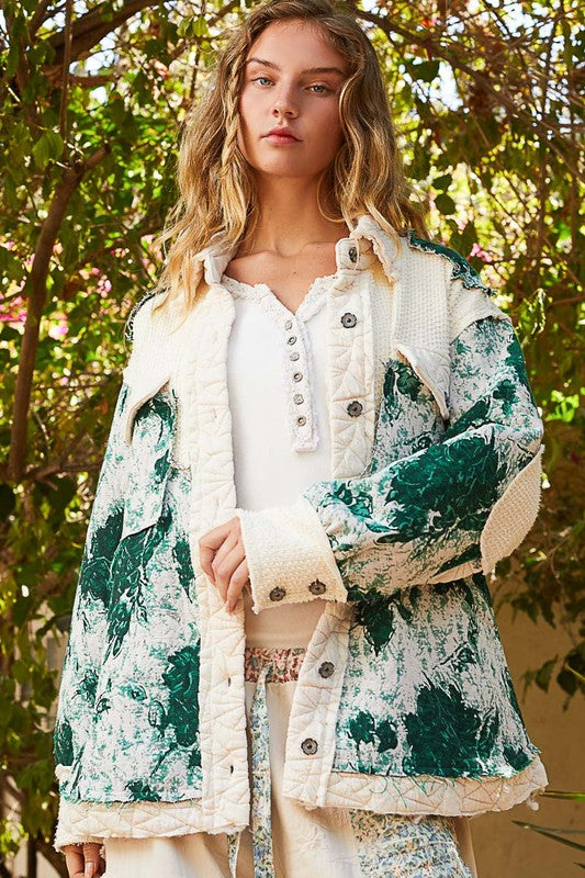 POL Quilted Jacket Jacquard Patch Collared Neck Green Floral Cream Coat