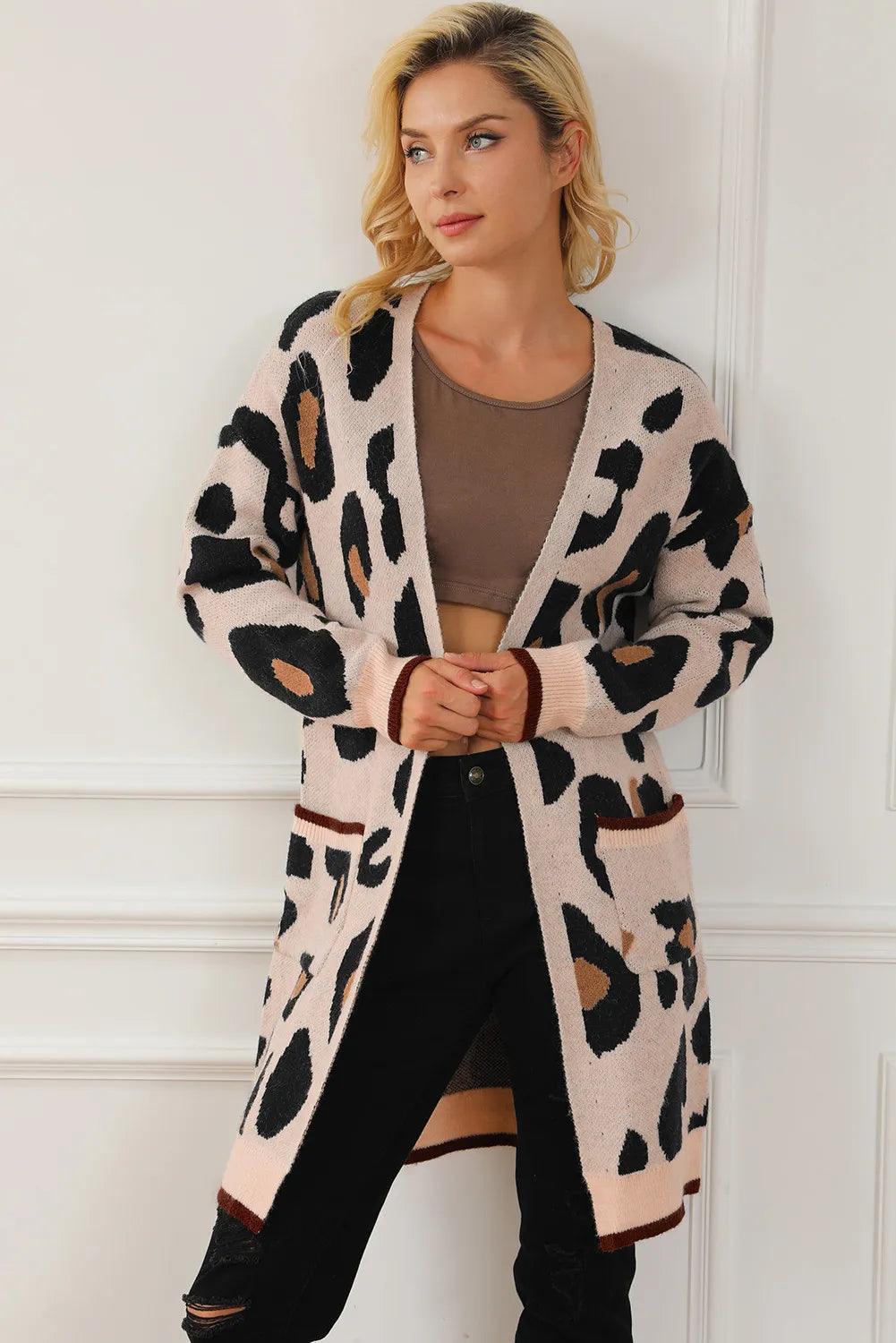 Leopard Cardigan Open Front Long Sleeve Pocketed Outwear Leopard