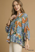 Umgee Blouse Green Floral Multicolor Abstract Print with Ruffle Neck Top 2079de25-1012-4d64-ae2c-e597616aa92b-Max-Origin Trendsi