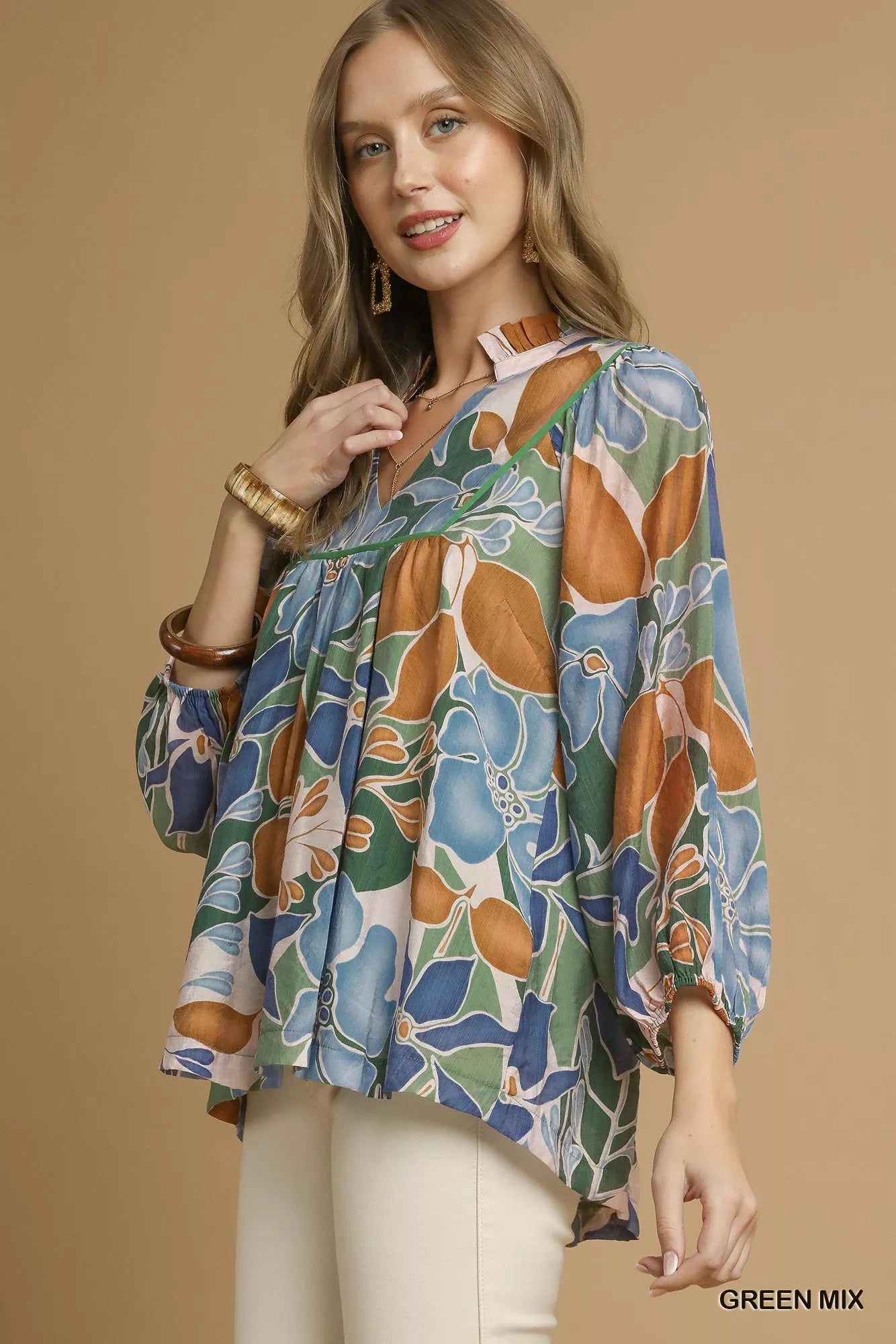 Umgee Blouse Green Floral Multicolor Abstract Print with Ruffle Neck Top