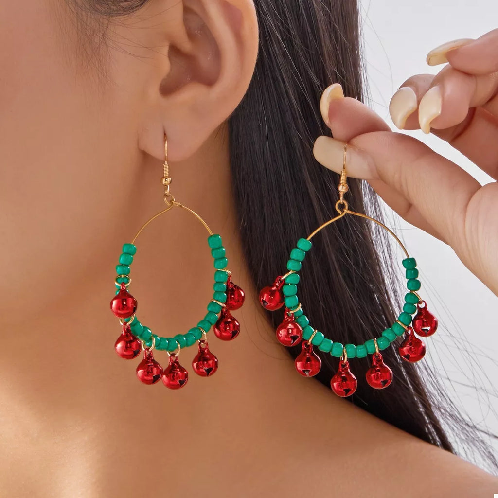 Christmas Beaded Hoop Earrings with Jingle Bells Millet Pearl Jewelry Green onesize 207b0d45-3434-4917-bbfd-449248de5bbf-Max-Origin Trendsi
