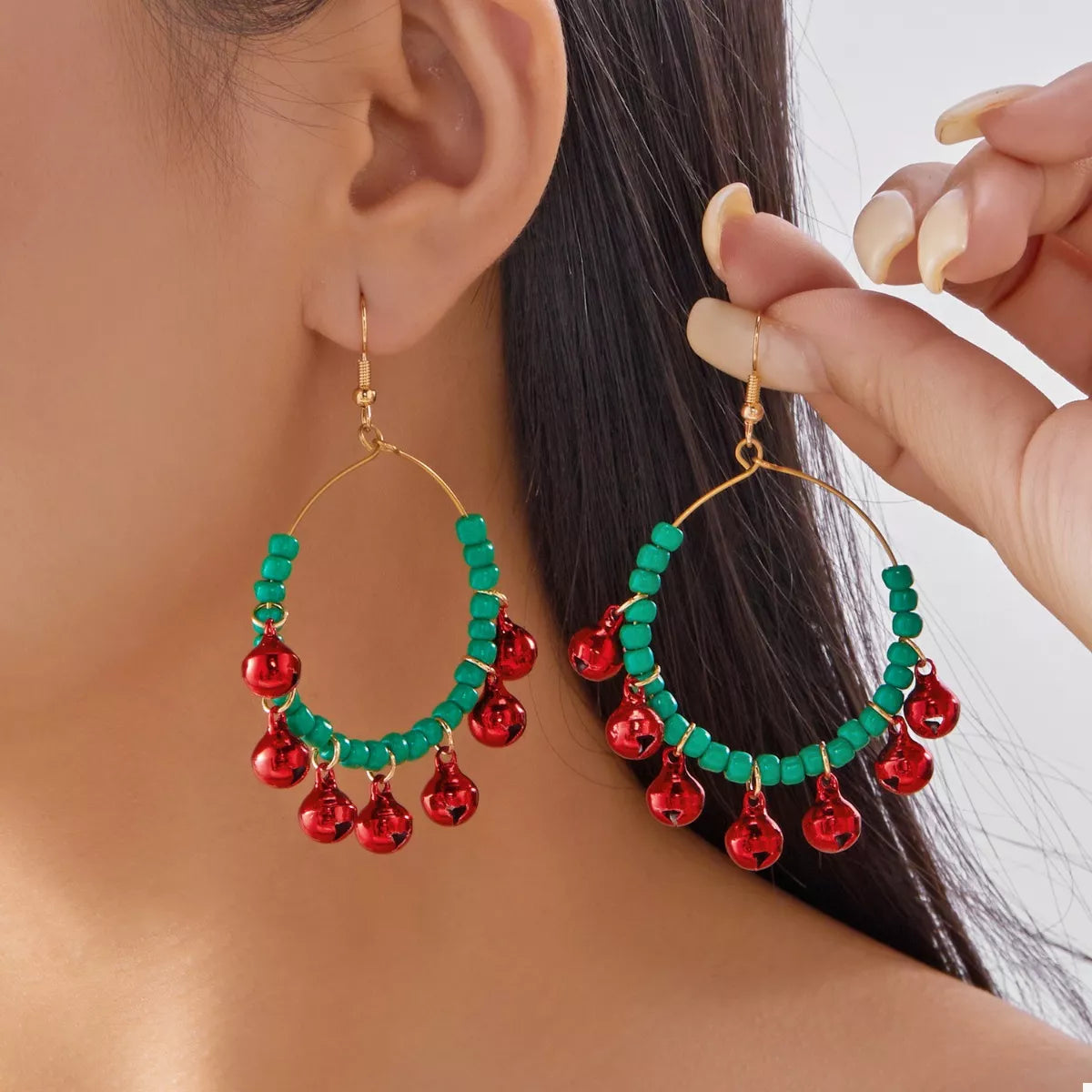 Christmas Beaded Hoop Earrings with Jingle Bells Millet Pearl Jewelry Green onesize 207b0d45-3434-4917-bbfd-449248de5bbf-Max-Origin Trendsi