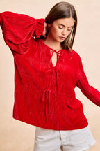 BiBi Christmas Theme Velvet Bow Tied Top With Neck Drop 207b2d2d5e3f497eb485792dbef6a7d5-Max-Origin Trendsi