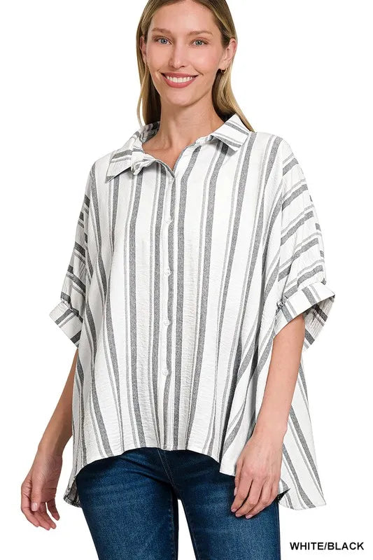 Zenana Shirt Woven Yarn-Dye White Black Stripe Oversized Short Sleeve Top WHITE BLACK 2088b88b6c9e408096314353311d0b24-Max-Origin Trendsi