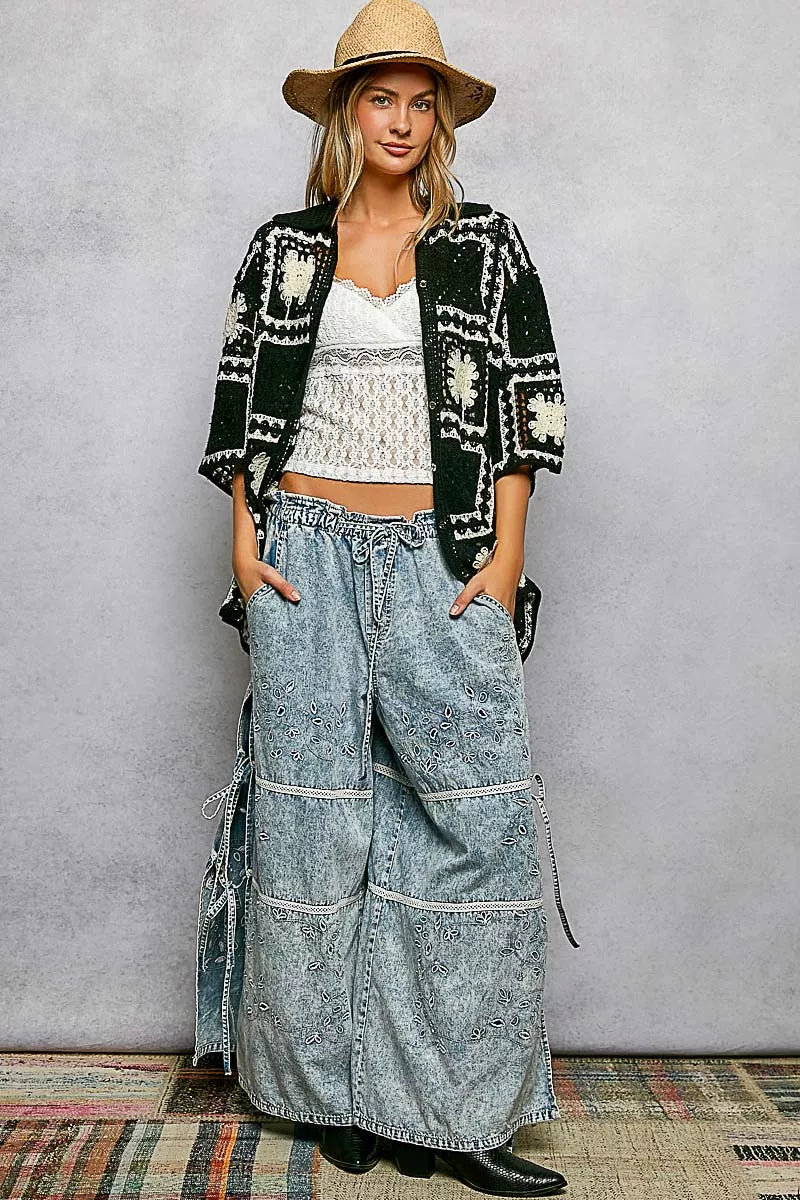 POL Crochet Shirt Black Multi Openwork Floral with Granny Square Pattern 20906fb3-8375-41c4-834e-98b4a7159660-Max-Origin Trendsi