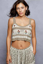 POL Crochet Cropped Cami Mocha Multi Floral Embroidered with Scalloped Hem Top 209e03e1-a55c-4bd9-96b5-412d087bd998-Max-Origin Trendsi