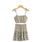 Women Floral Bohemian Outfits Strap Crop Tops Drawstring Mini Skirts Summer 2 Pcs