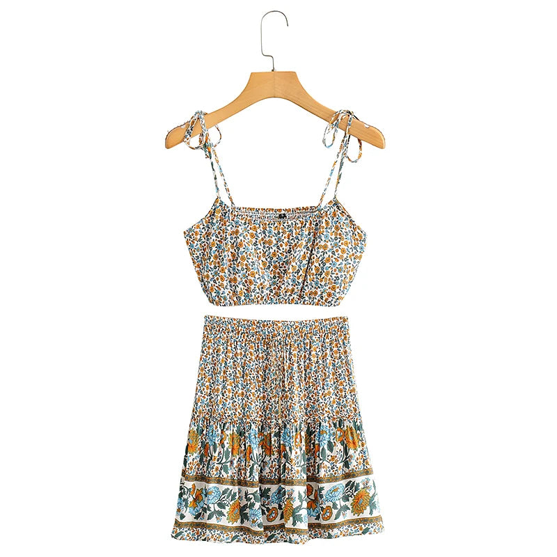Women Floral Bohemian Outfits Strap Crop Tops Drawstring Mini Skirts Summer 2 Pcs