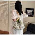 Women's Beach Crochet Shoulder Bag Medium Wave Knit Woven Blue Handbag
