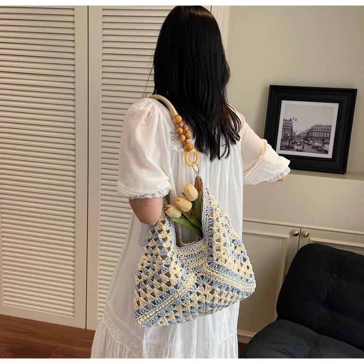 Women's Beach Crochet Shoulder Bag Medium Wave Knit Woven Blue Handbag