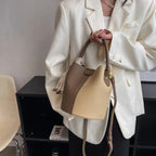 Women's Bucket Bag Small Coffee Brown PU Leather Two-Tone Casual Crossbody