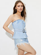 Denim Top Strapless Buttoned Raw Hem Tube Belted 20a46fb7-8421-4135-8e25-f1d0d7570c71-Max Trendsi