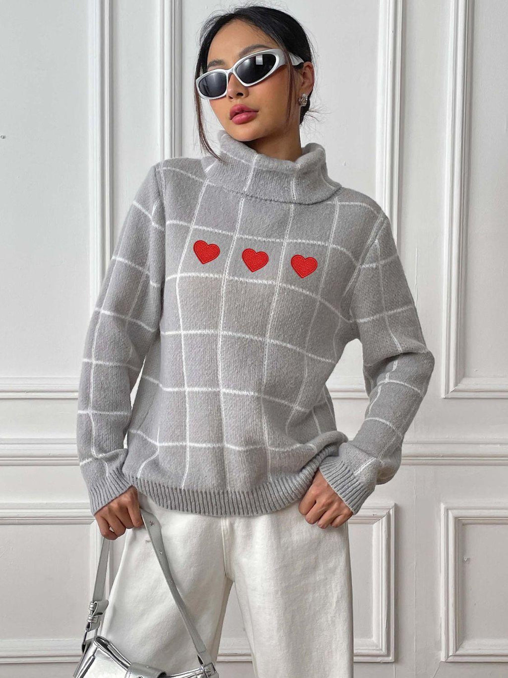 Heart Plaid Sweater Turtleneck Long Sleeve Casual Knitwear 20ac3414-c460-4743-b617-6d5b55337b43-Max Trendsi