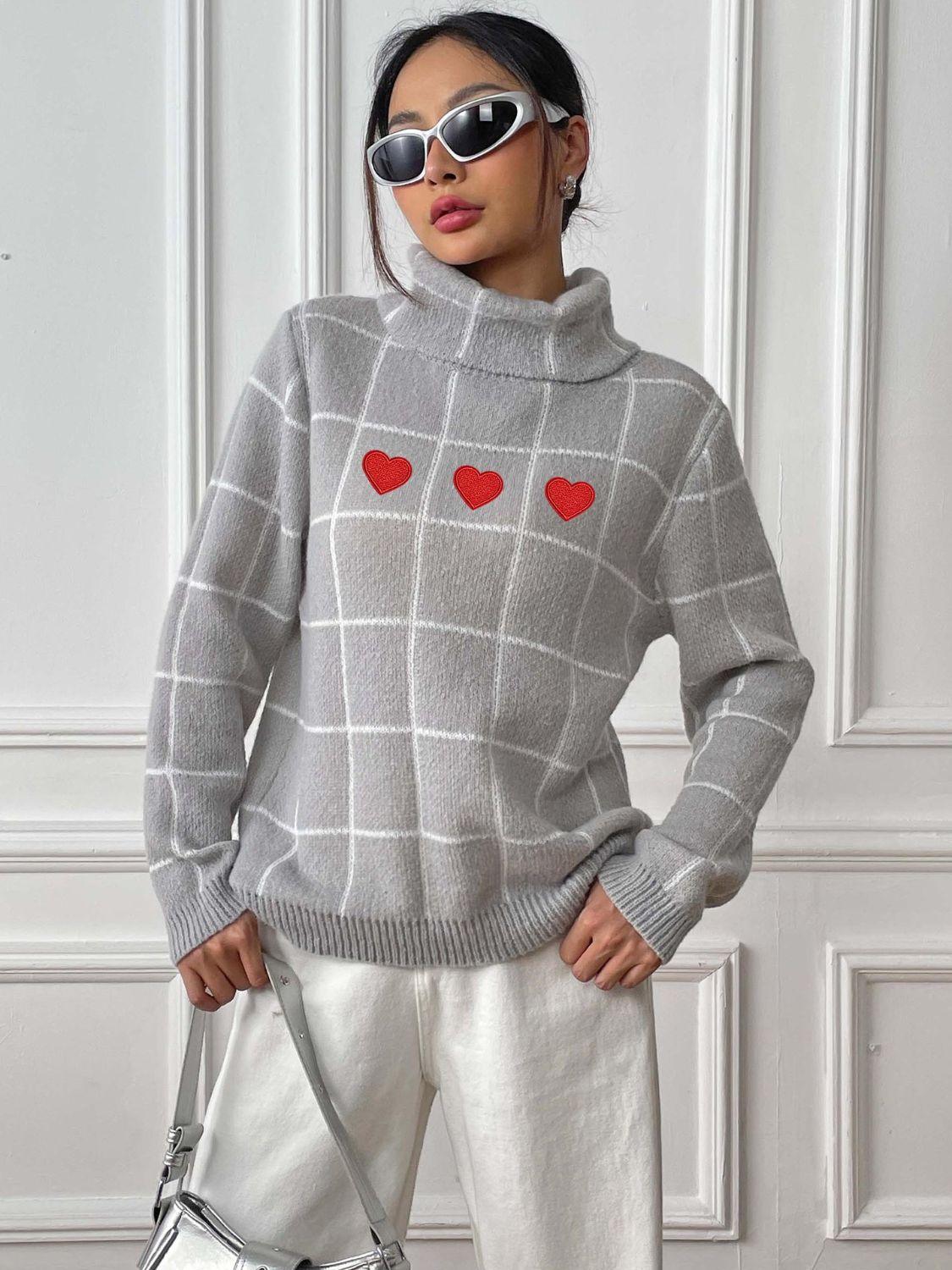 Heart Plaid Sweater Turtleneck Long Sleeve Casual Knitwear 20ac3414-c460-4743-b617-6d5b55337b43-Max Trendsi