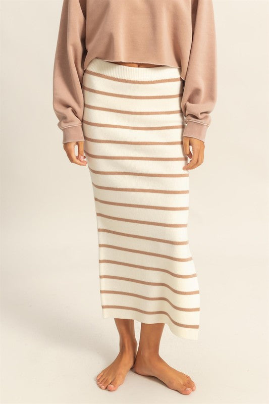 HYFVE Sweater Skirt Tan Striped Side Slit Bodycon Tan 20ae9e6e-496a-410a-bc29-b758cf037728-Max Trendsi