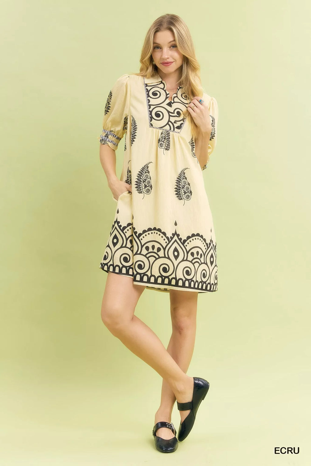 Umgee Babydoll Dress Ecru Paisley Mandala Print Short Puff Sleeve Smocked 20b2d438-574a-46af-aa7d-ee067941ea83-Max-Origin Trendsi