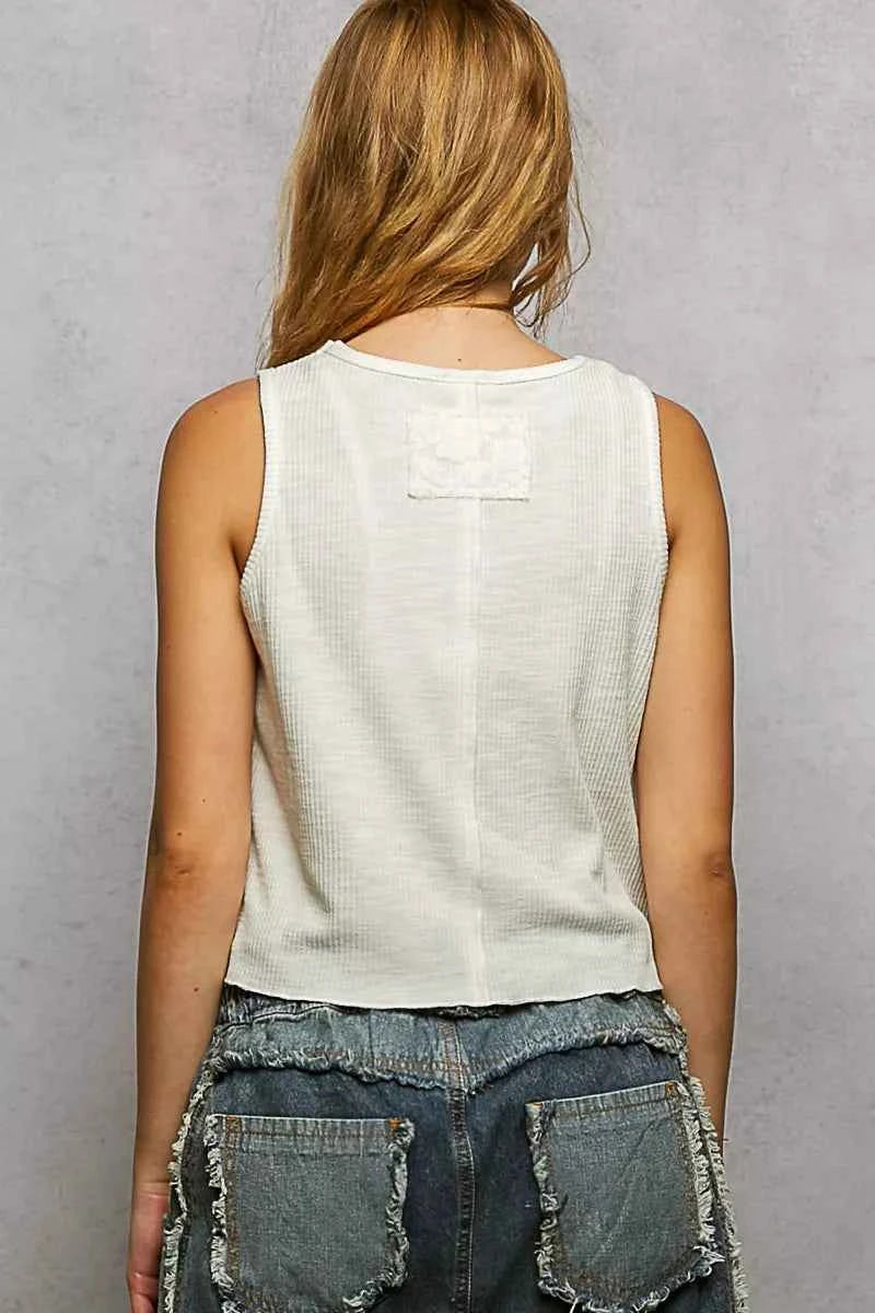 POL Ribbed Round Neck Cropped Tank with Lace Detail