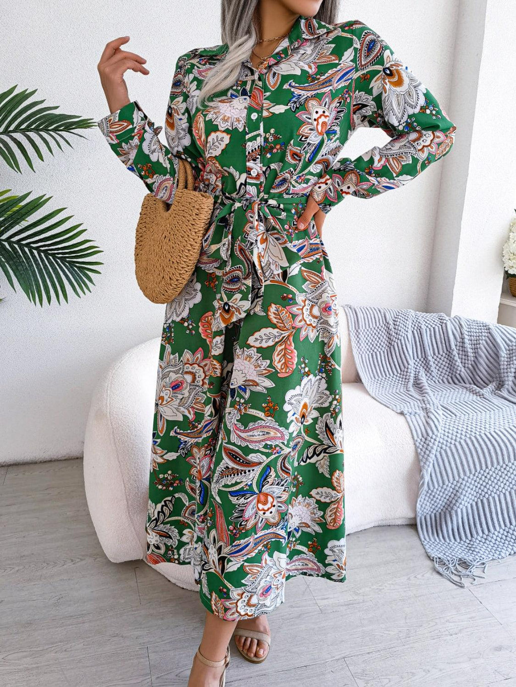 Midi Dress Floral Tied Printed Long Sleeve Shirt Dresses 20bc0526-2c5f-4273-97d0-8fc1570b73ab-Max Trendsi