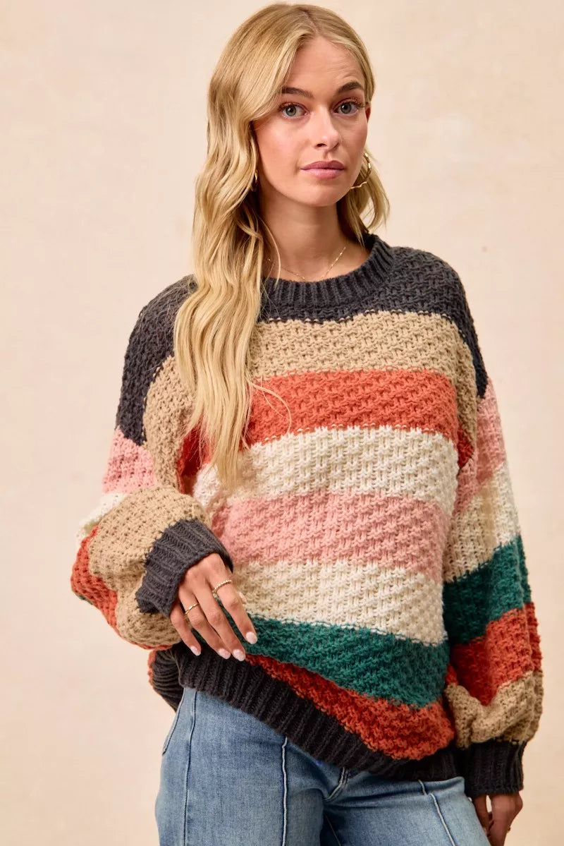 BiBi Womens Sweater Stripes Color Block Chunky Knit Oversized 20c42ec365e240b592f587f96556739b-Max-Origin Trendsi