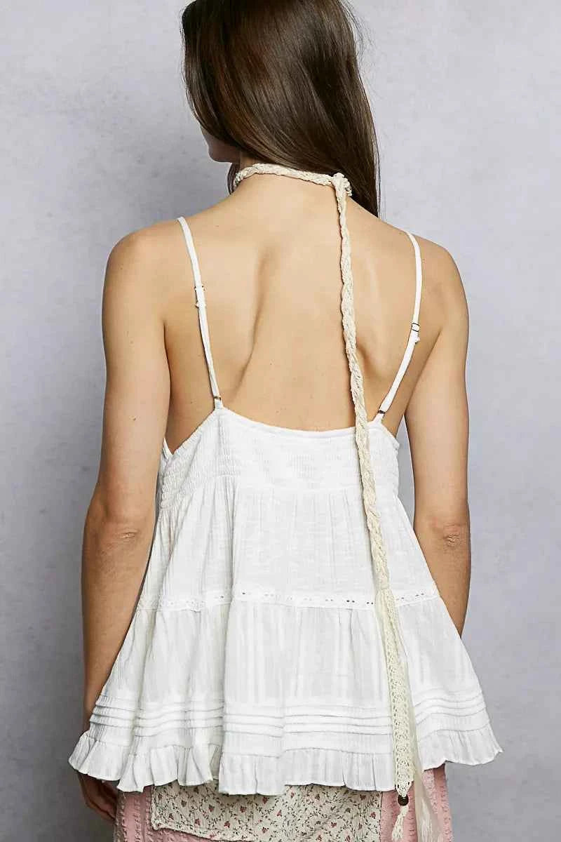 POL Cami Top Button Front V-Neck Ruffled with Pintuck Accents Off White