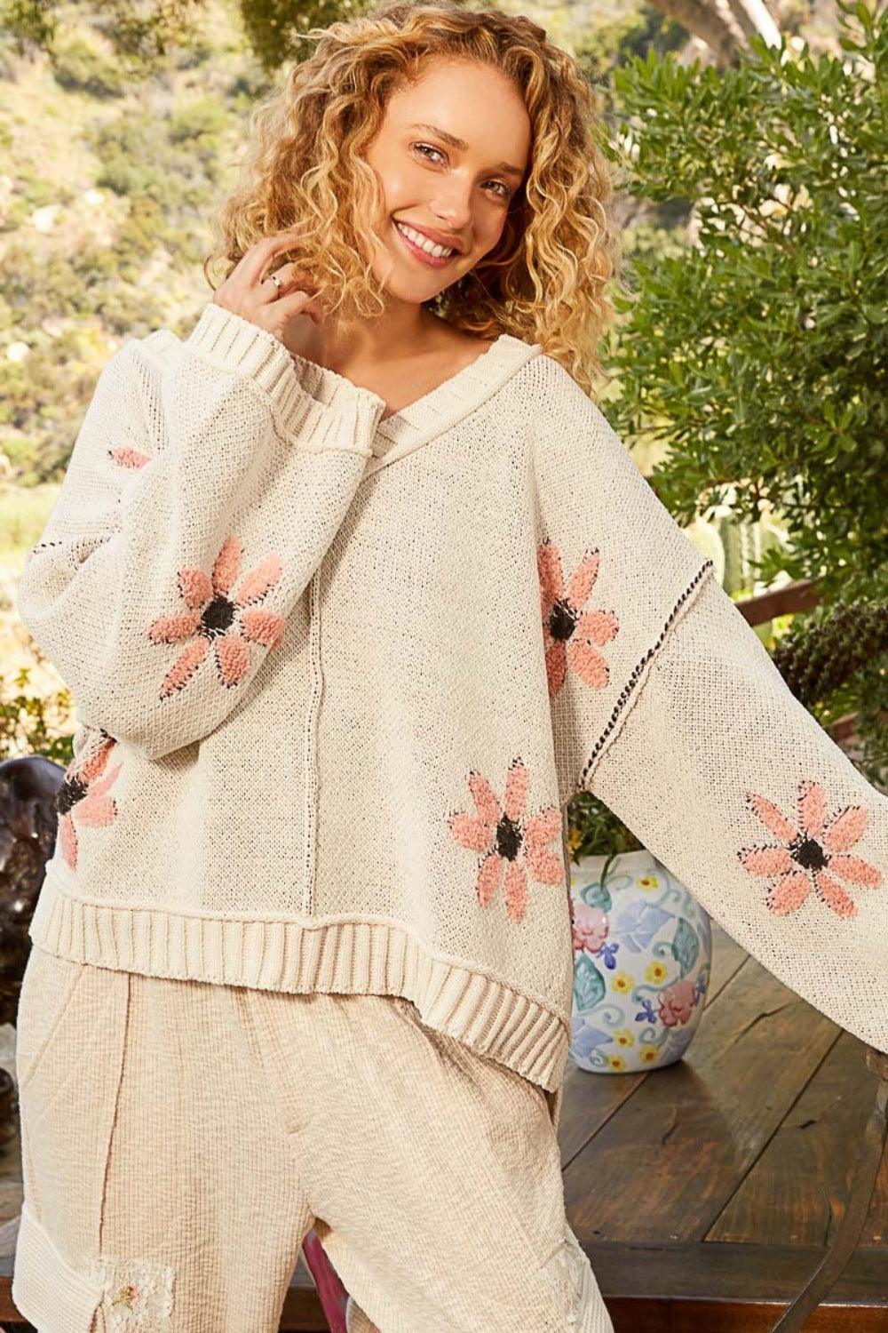 POL Sweater V-Neck Floral Pattern Chenille Outseam Edge Pullover Ivory 20c7af86-8402-404a-9bc6-adb2edc0dd77-Max Trendsi