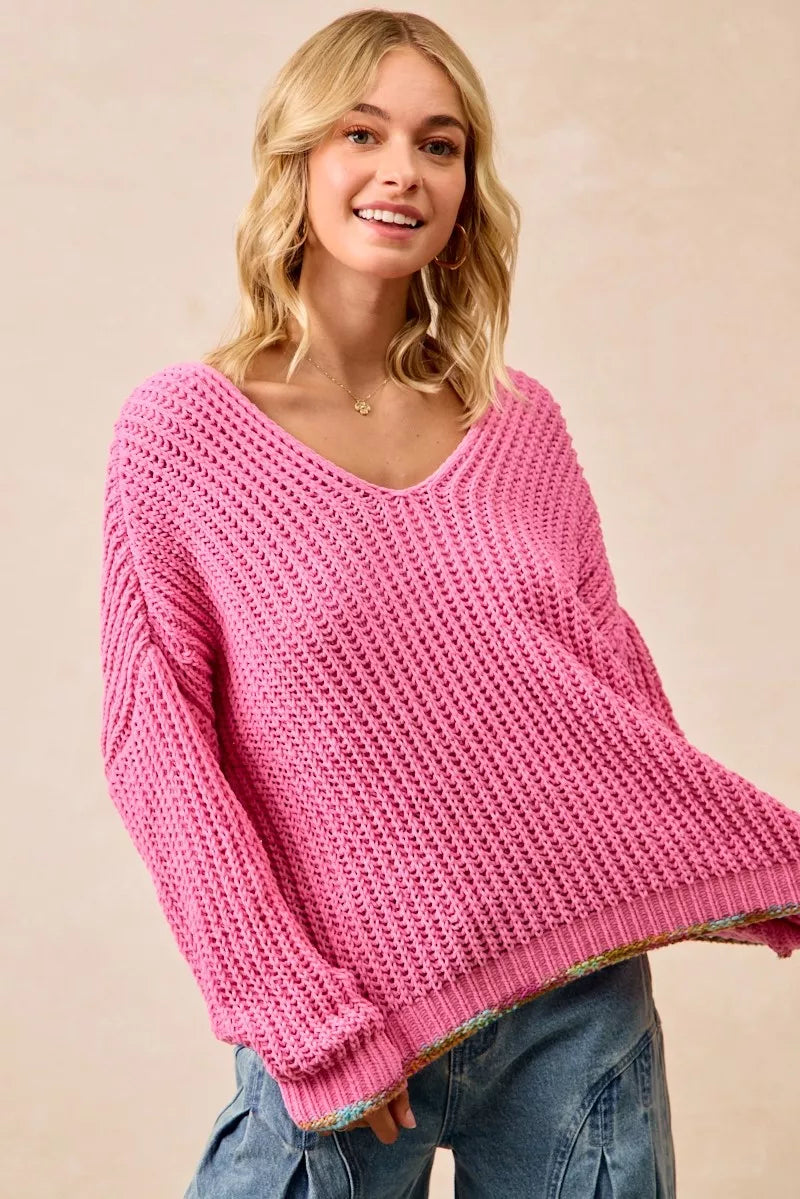 BiBi Womens V-Neck Sweater Pink with Colorful Trim 20d1d2d0fa4349e3a8b354cab2f03362-Max-Origin Trendsi