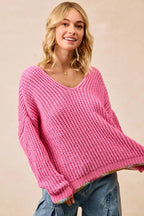 BiBi Womens V-Neck Sweater Pink with Colorful Trim 20d1d2d0fa4349e3a8b354cab2f03362-Max-Origin Trendsi