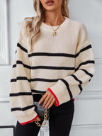 Striped Sweater Round Neck Dropped Shoulder Bell Long Sleeve Dust Storm 20d58b48-b46c-4bca-8a5e-ae3f3e4db714-Max Trendsi