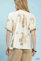 Umgee Blouse Paisley Embroidered Latte Short Puff Sleeve Top 20db530d-dd2b-46b7-bd7d-2366d0b20a3f-Max-Origin Trendsi