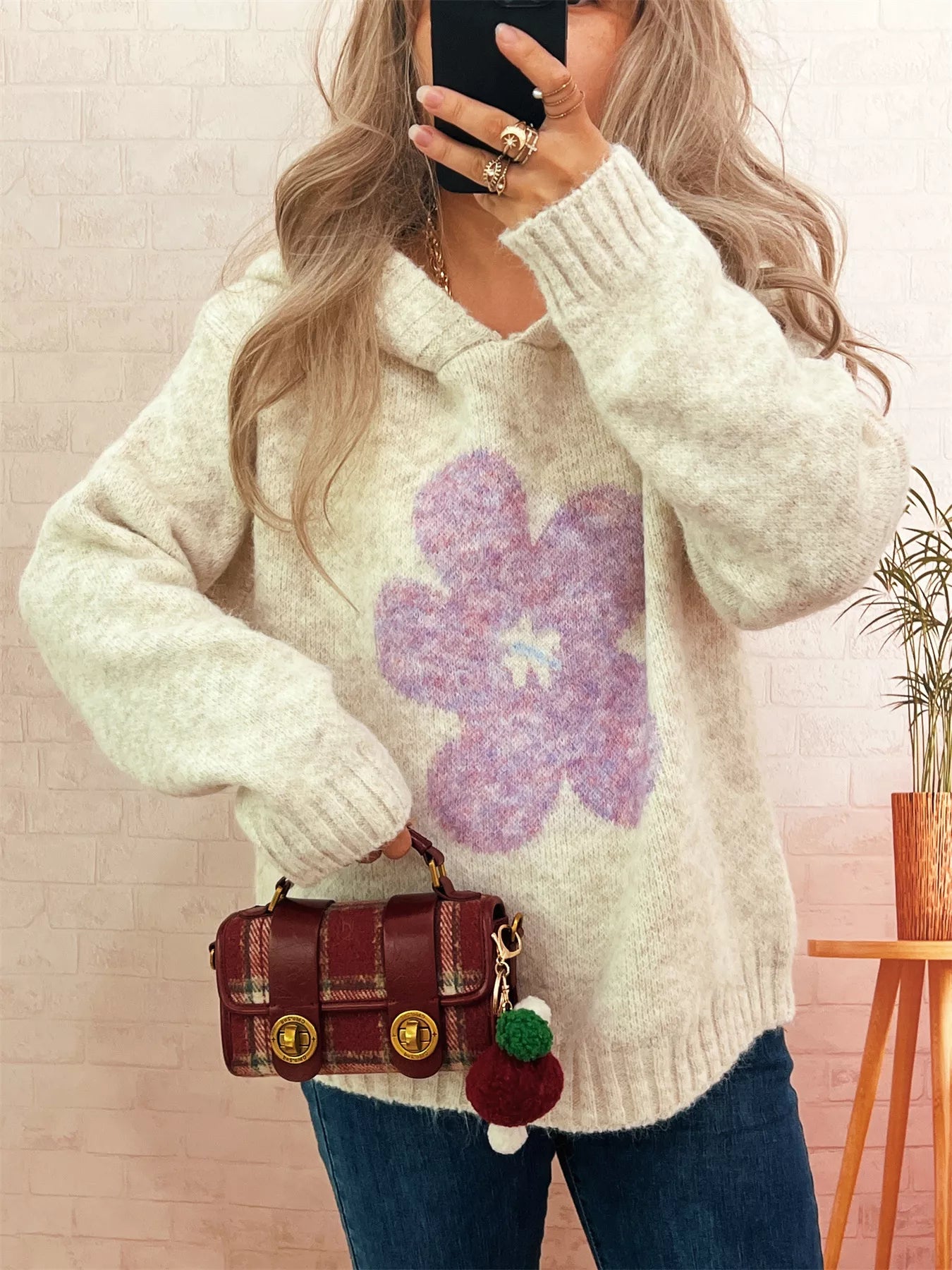 Women's Sweater Flower Long Sleeve Hooded Knit Pullover 20de1056fe434c1b93d1e31226f380f0-Max-Origin Trendsi