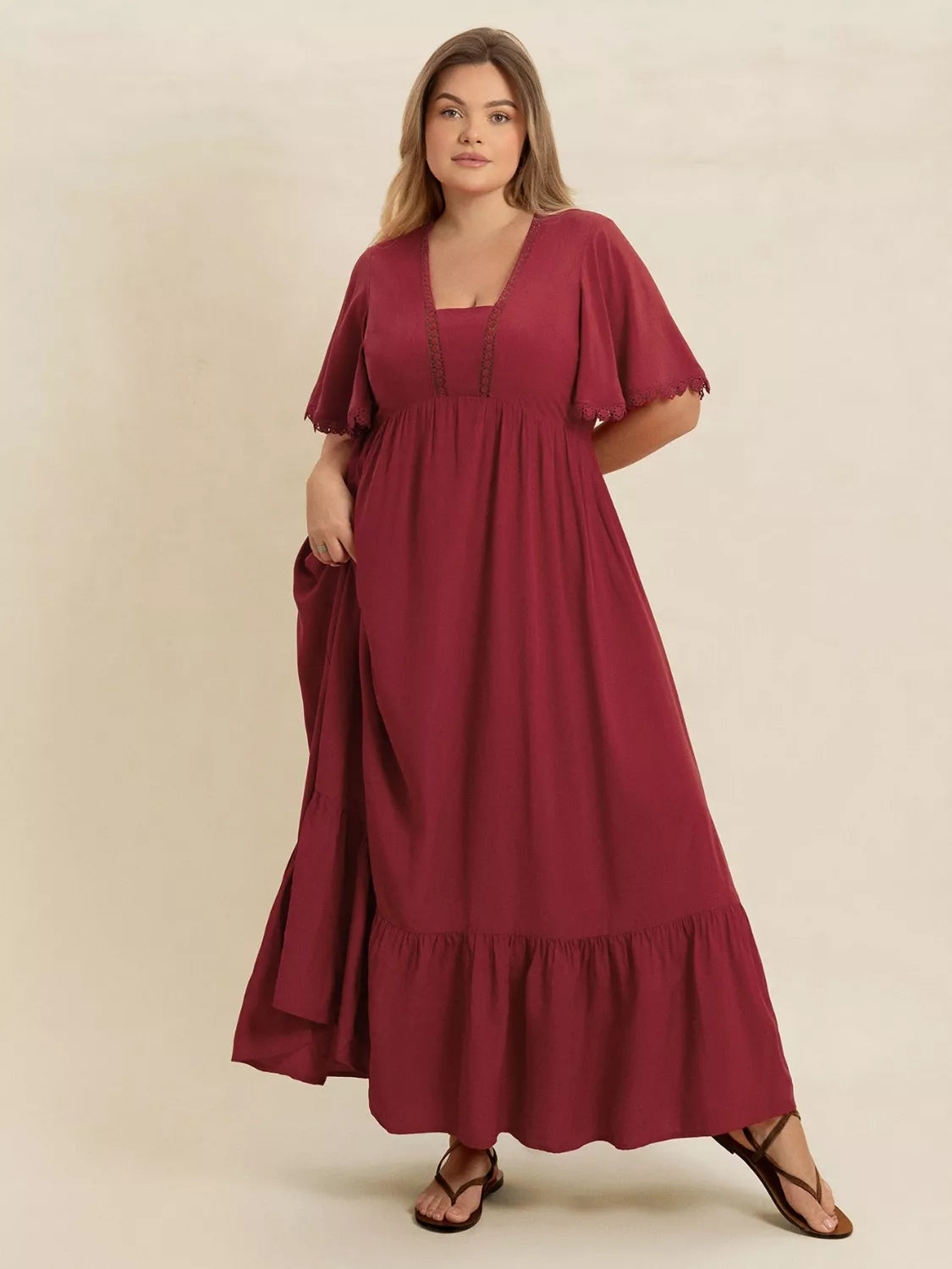 Plus Size Maxi Dress with Lace Detail and Flutter Sleeves