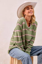 BiBi Womens Sweater Striped Sage Green Long Sleeve Oversized Pullover 20e5c2c837cf462c9bc6d74cea392b55-Max-Origin Trendsi