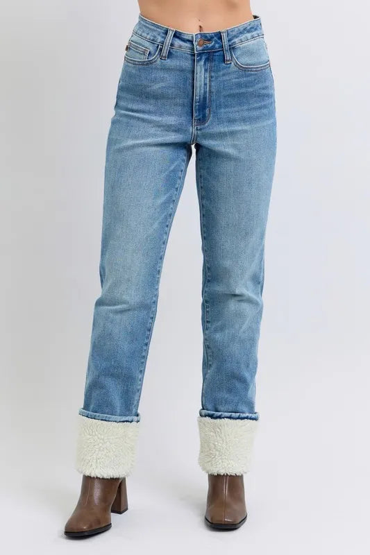 Judy Blue Plus Size High Waist Shearling Cuff Straight Pants