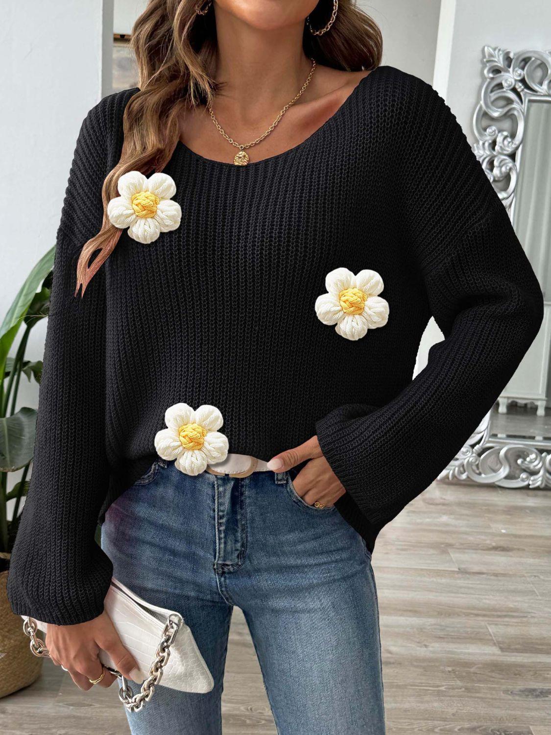 Sweater Flower Knit Applique Round Neck Long Sleeve Knitwear 20f4c2d5-9f60-4c5f-a755-1c71613a118a-Max Trendsi