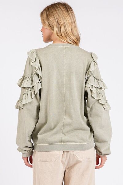 Mittoshop Ruffled Sweatshirt Sage Mineral Washed Round Neck Long Sleeve
