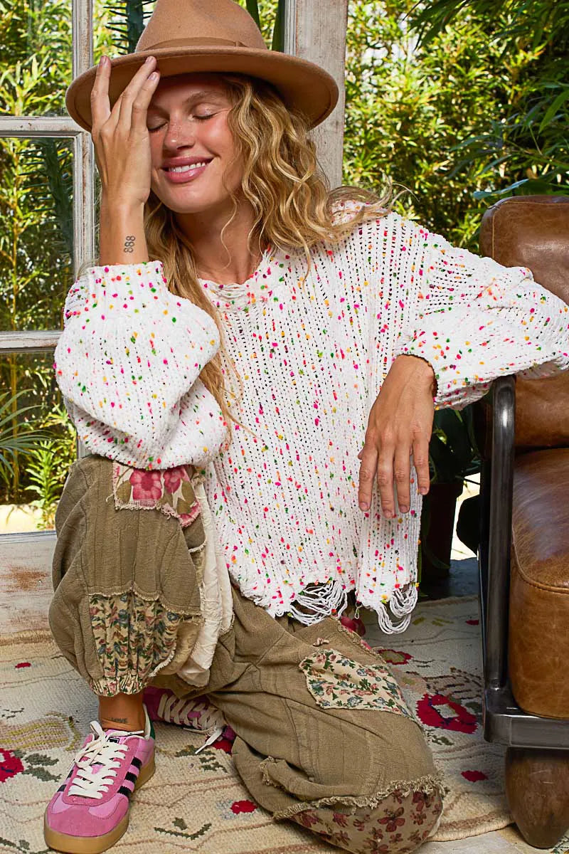 POL Sweater Knit White Pink Colorful Round Neck Fringed Distressed Hem 20fcc074-1321-480c-b542-6d2231d735b5-Max-Origin Trendsi