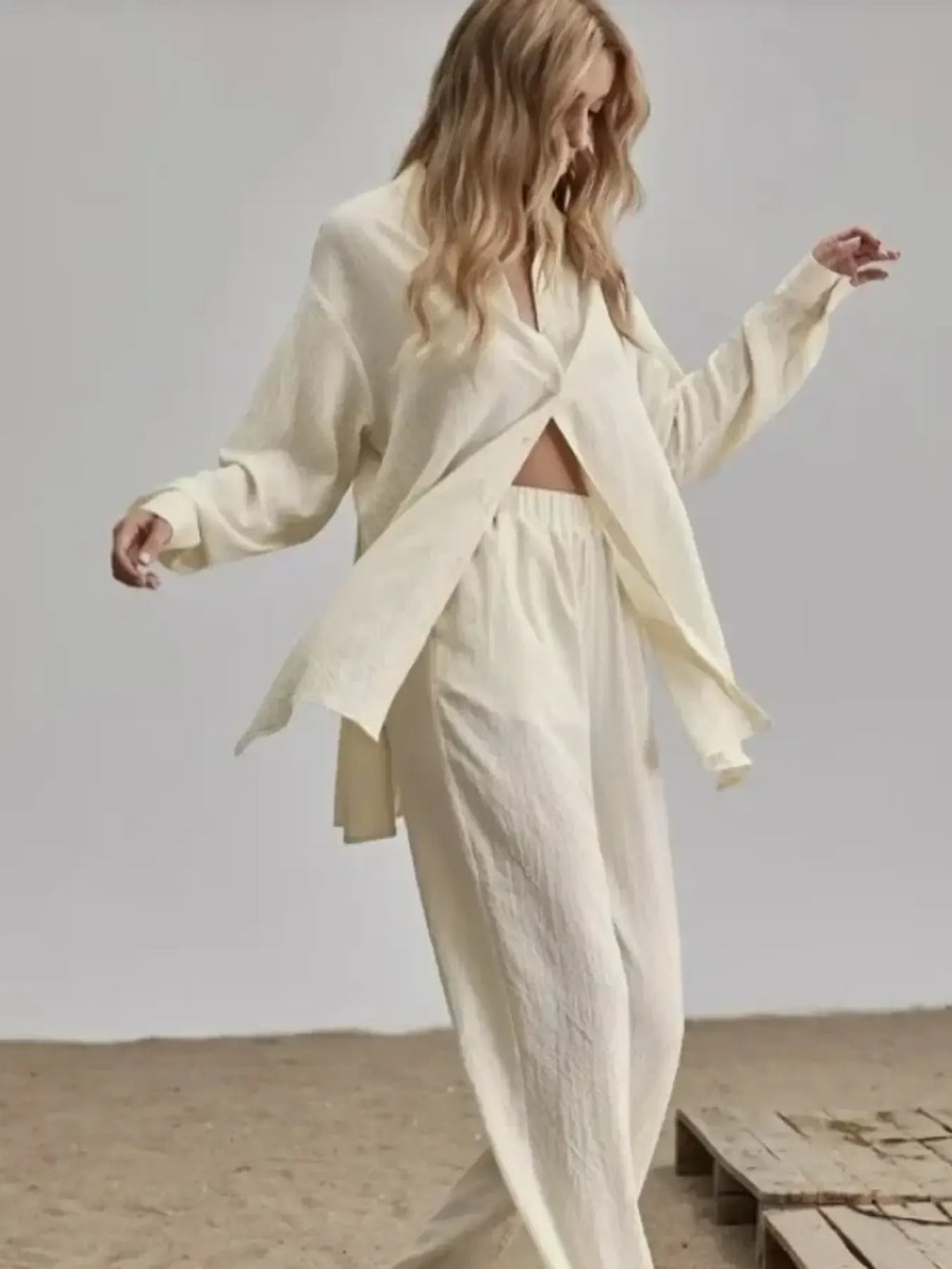 Women's Outfit Set Long Sleeve Shirt and Pants Set Pocketed Lightweight Two-piec Milky White 2108bd995e1e4562850f64306a133e6c-Max-Origin Trendsi