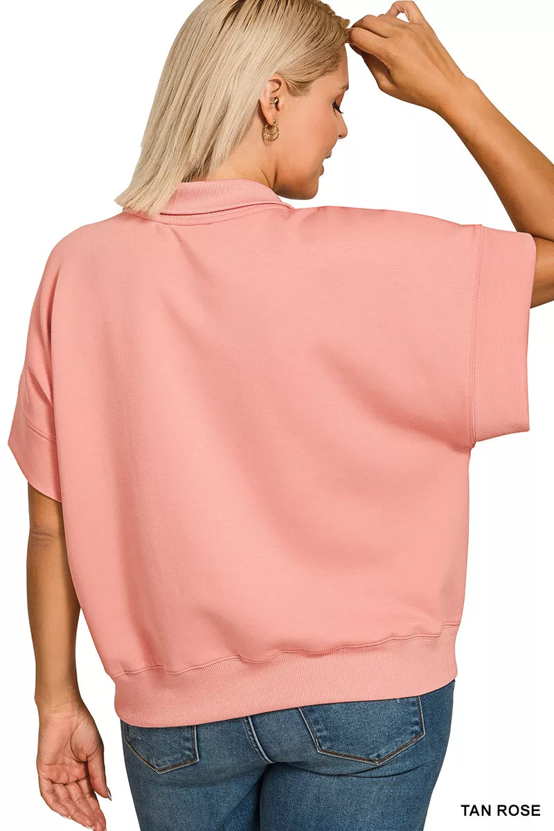 Zenana Sweatshirt Rose Scuba High Neck Half Zip Short Sleeve Top Plus Sizes 210c04a7-968c-456d-8223-44a3cd57208e-Max-Origin Trendsi
