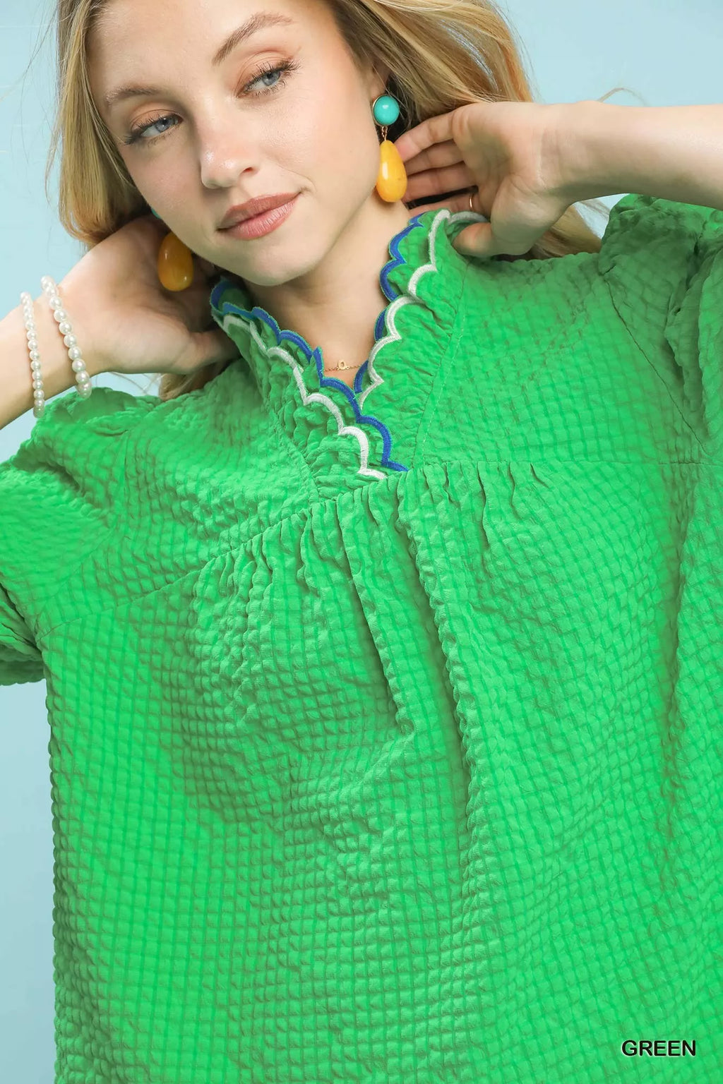 Umgee Womens Blouse Green Textured Puff Short Sleeve Top with Scalloped Trim 210f819f-8df5-4ac6-842d-6c89e591c729-Max-Origin Trendsi