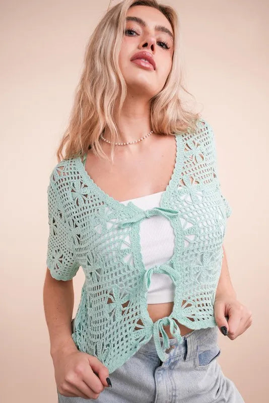 VERY J Crop Top Crochet Mint Front Tie Openwork Knit Short Sleeve 21153160fe9443a2a71dc949dc69d98d-Max-Origin Trendsi