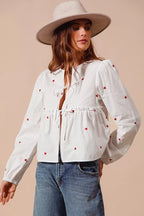 SO ME Women Blouse Front Tie Heart Embroidered Top With Puff Long Sleeve 212b734ce1b242b7be36d887068c3240-Max-Origin Trendsi