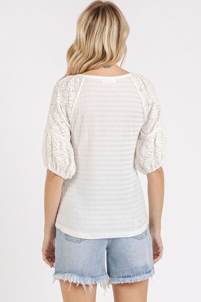 Mittoshop Blouse Off White Mixed Media Textured Knit Popcorn Puff Half Sleeve 212d61f1-93cf-4e80-b6e3-9e0b4efc2b47-Min Trendsi