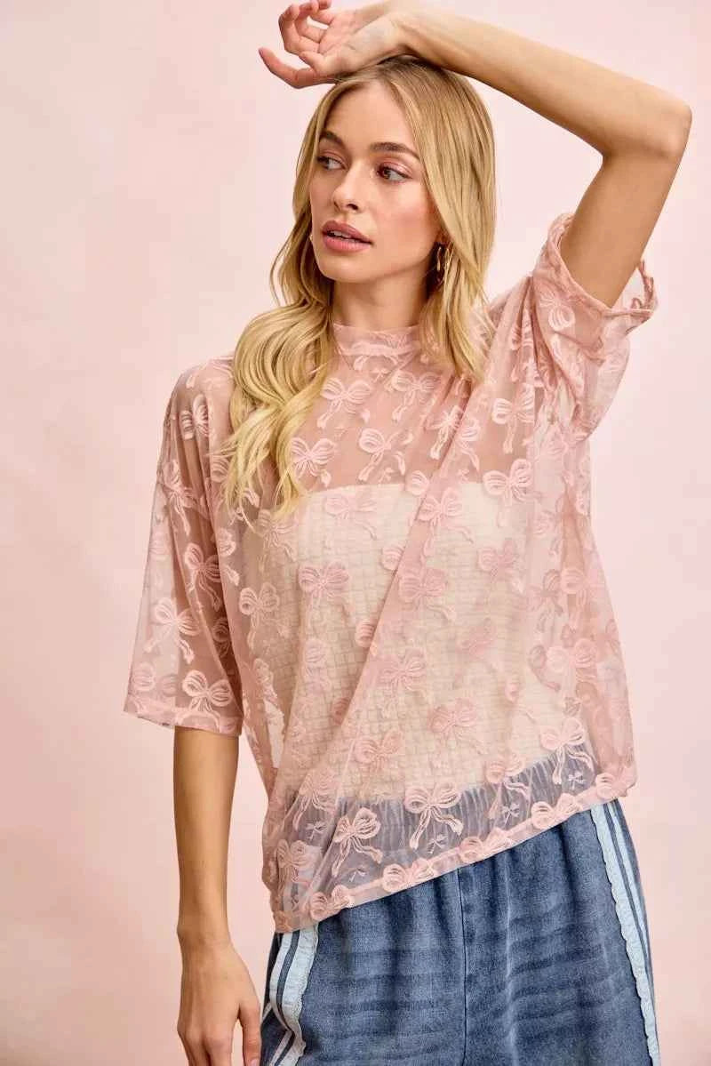 BiBi Bow Pattern Short Sleeves Boxy Mesh Top