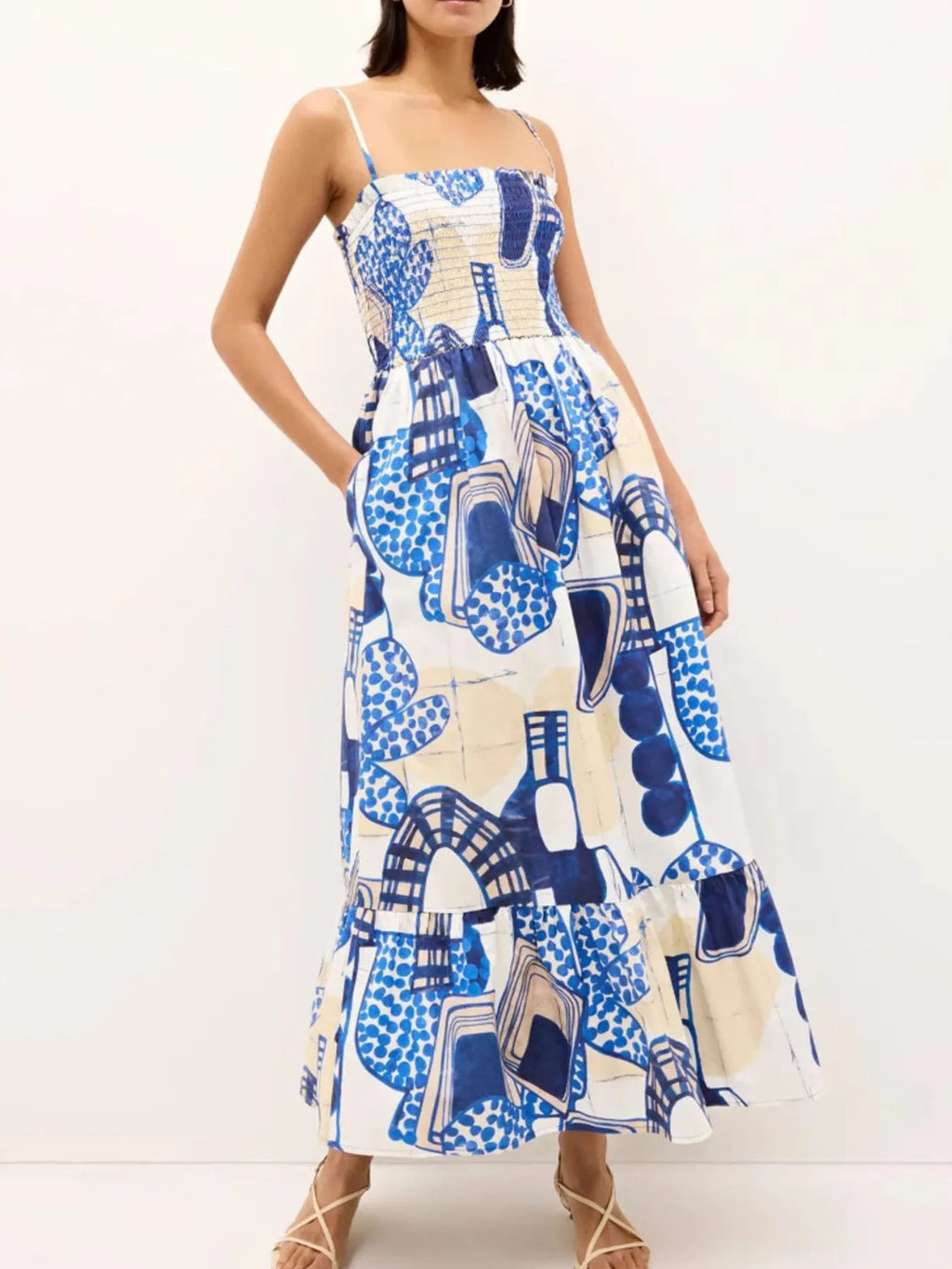 Cami Midi Dress Sky Blue Printed Square Neck Smocked Ruffle Hem Sky Blue 2137d91a-7718-4f49-bfd8-985cb3bef9c2-Max-Origin Trendsi