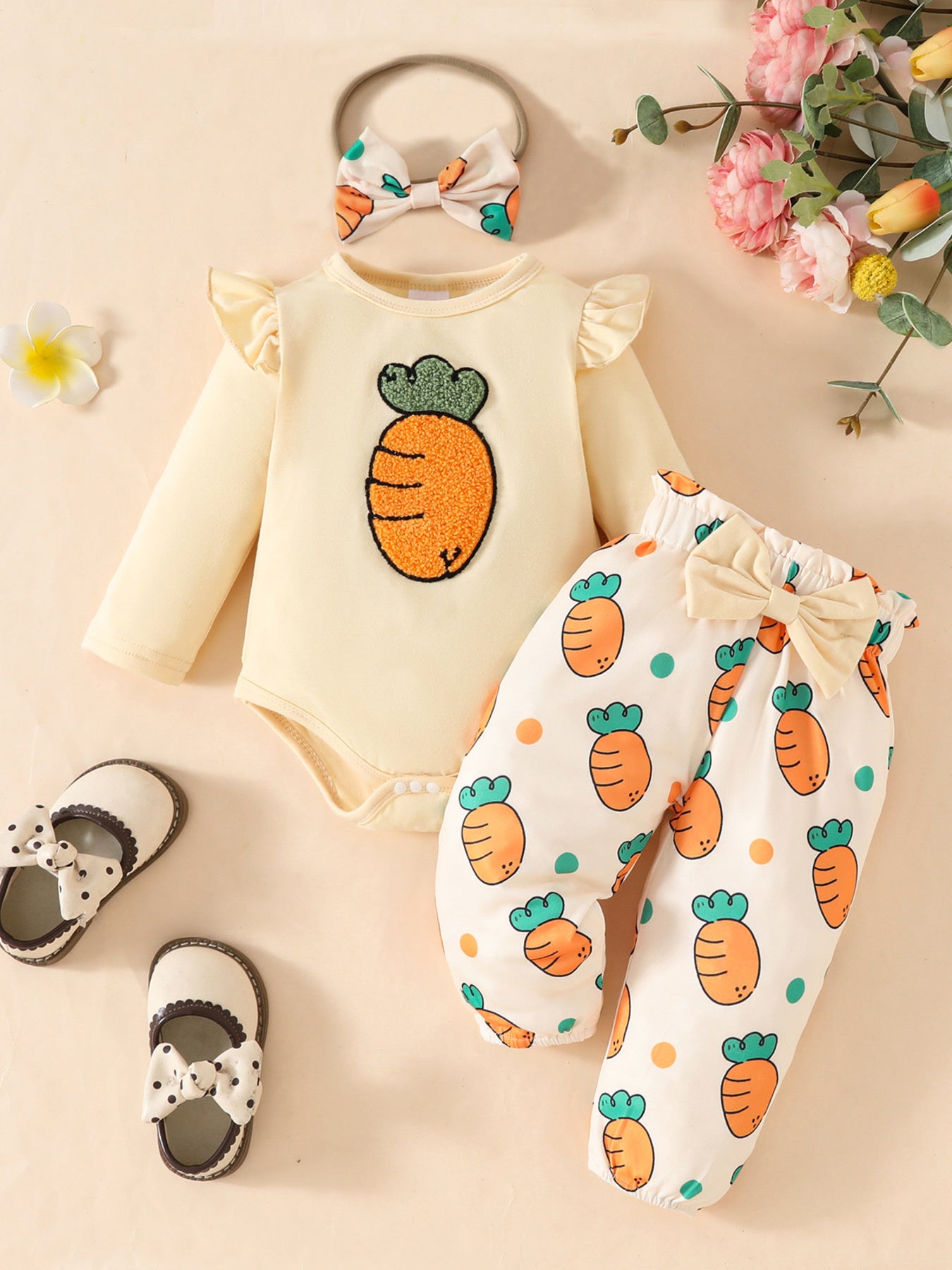 Children's Carrot Print Bodysuit and Pants Set with Headband