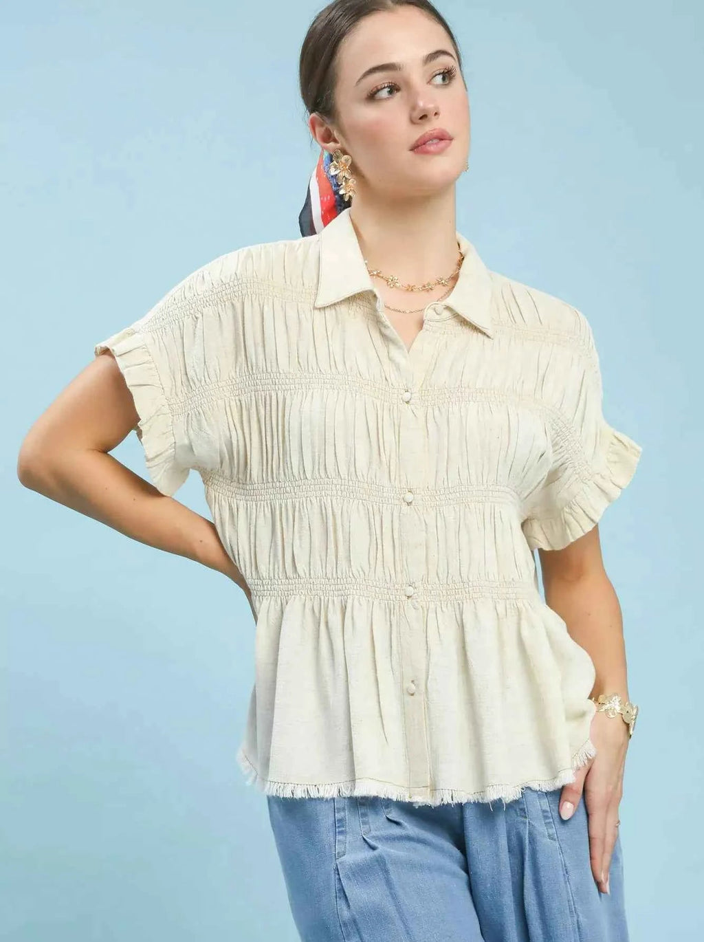 Umgee Washed Linen Blend Smocked Shirt