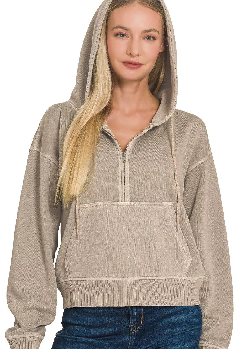 Zenana Fleece Pigment Dye Half Zip Kangaroo Pocket Hoodie