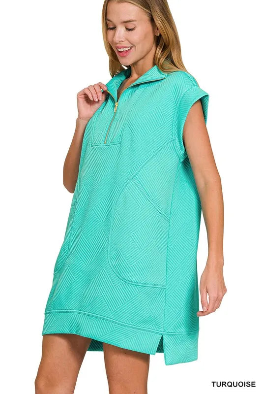 Zenana Mini Dress Textured Knit Jacquard Turquoise Quarter Zipper Oversized 214d32a739f24cf78cb127279294bd78-Max-Origin Trendsi