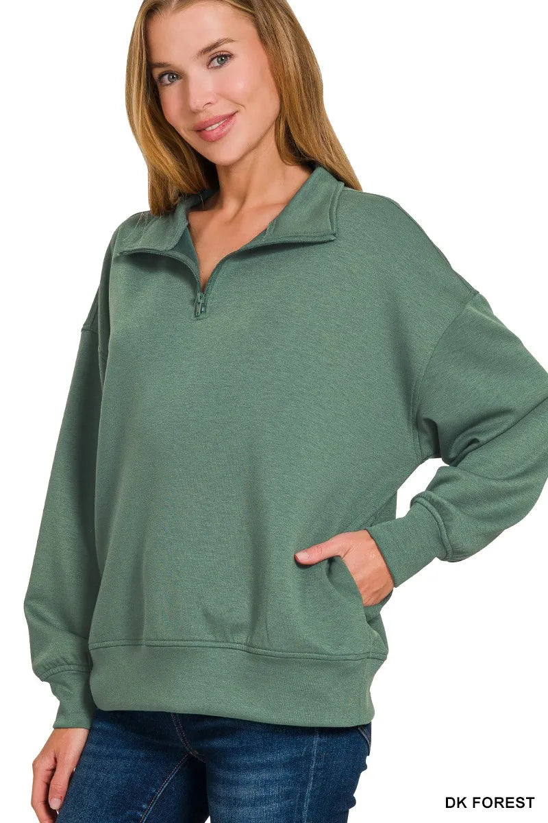Zenana Women's Sweatshirt Scuba Quarter-Zip High Neck with Pockets 215276d034754bf18aaca091cd475a3c-Max-Origin Trendsi