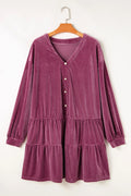 Plus Size Textured Velvet Long Sleeve Dress with Decorative Buttons